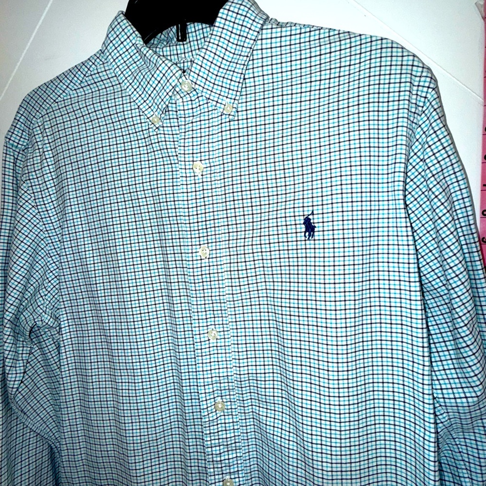 Ralph Lauren classic fit twill tattersall plaid button-up, med green blue brown